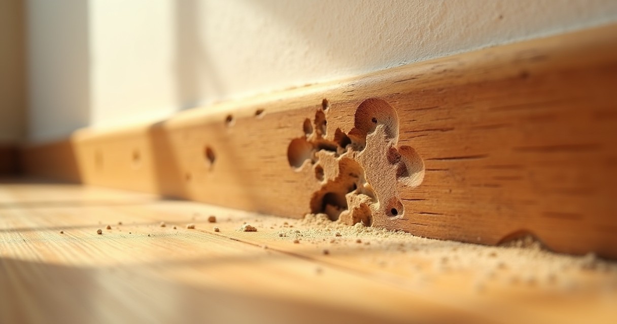 A close-up shows wood grain on a wooden beam featuring several holes and sawdust from insect activity.