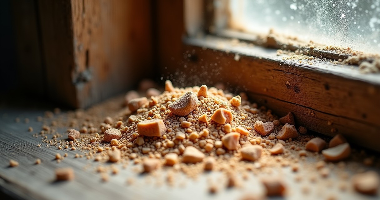 Grains of sand and small pebbles sit on a wooden windowsill in front of a window.