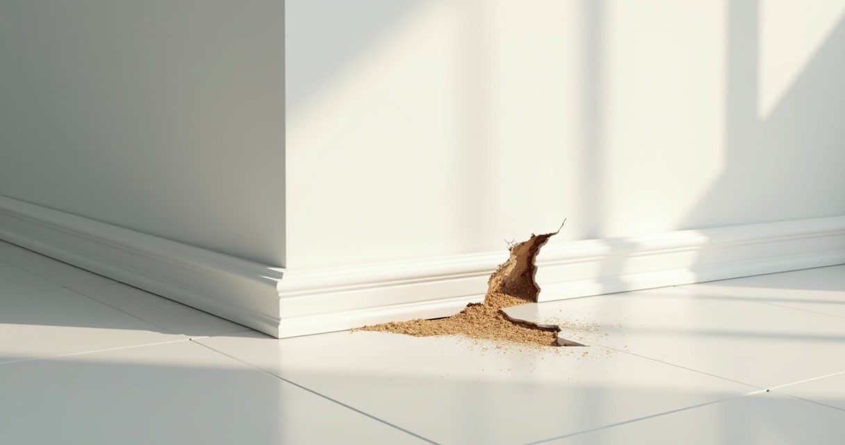 A pile of sand sits against a white baseboard on a tiled floor.