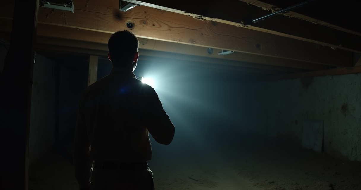 A person stands in a crawlspace holding a flashlight toward the wall.