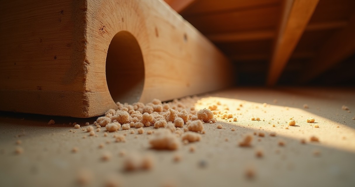 Grains of sand are scattered on a floor in front of a wooden log with a circular hole.