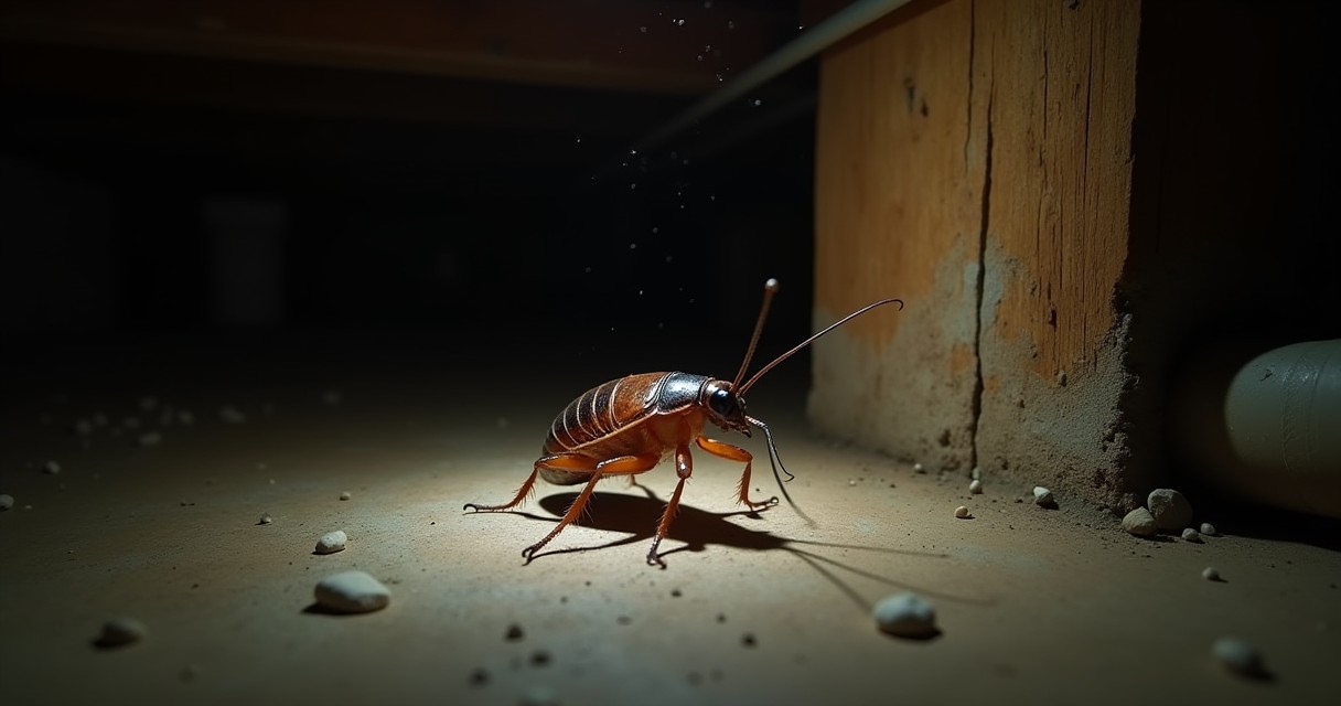 A cockroach stands on a dirt surface next to a wooden wall.