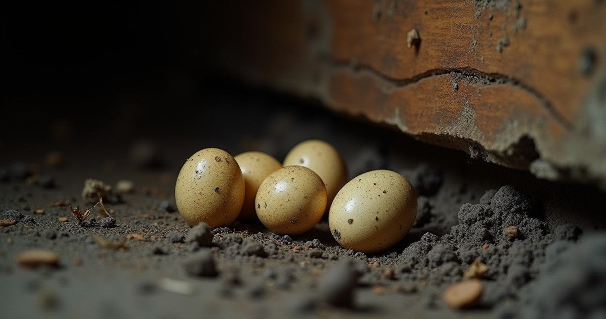 A group of small eggs sits on dirt beneath a piece of wood.
