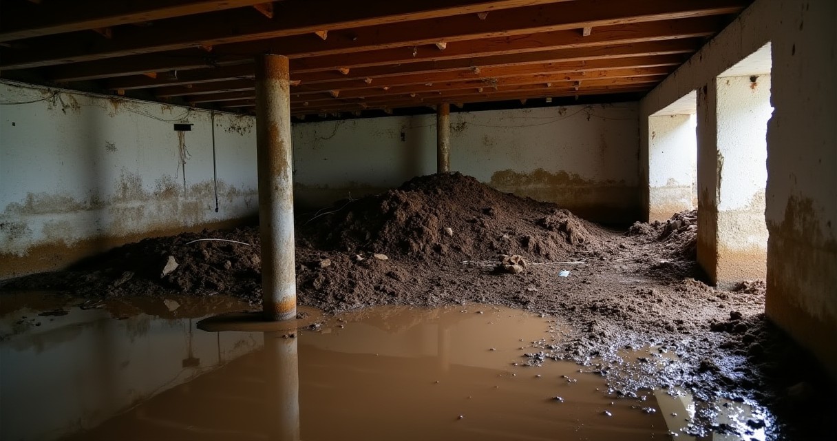 A flooded basement contains mounds of dirt and mud under a wooden beam ceiling.