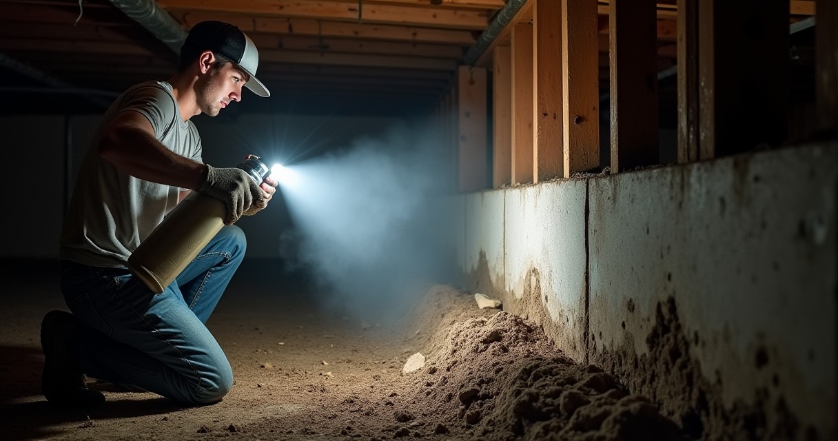 A man in a cap and gloves kneels in a basement while spraying a foam product onto a concrete wall.