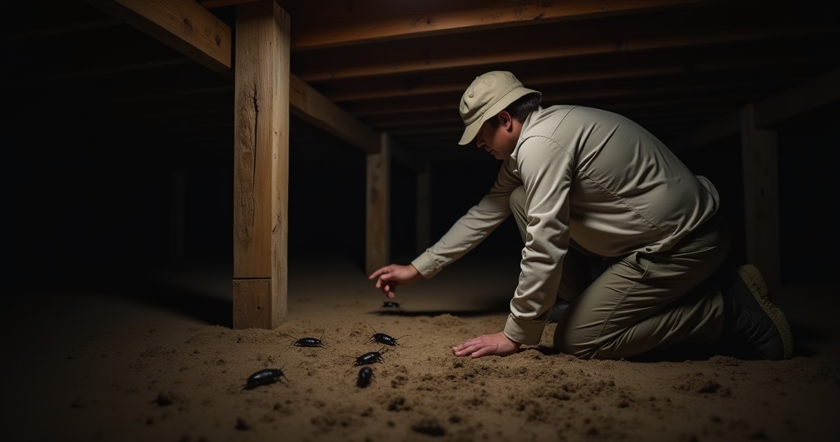 A man in a hat and long-sleeved shirt kneels on sand under a wooden structure to reach toward several beetles.