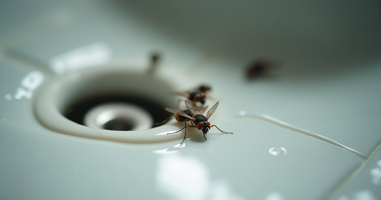 Several flies are crawling on a white ceramic surface near a drain.
