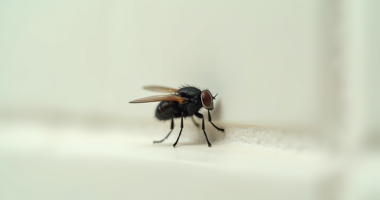 A fly stands on a white surface against a plain background.