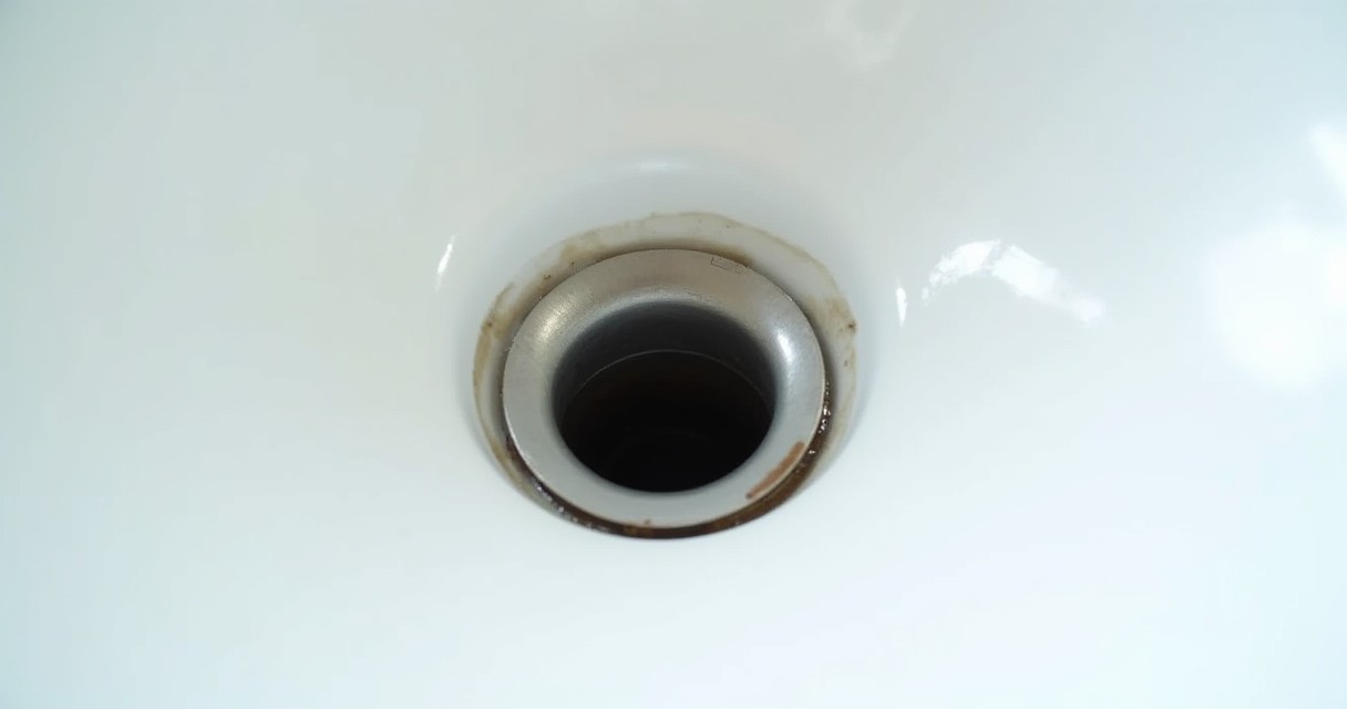 A top-down view shows a metal drain at the bottom of a white ceramic sink.