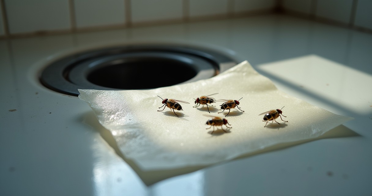 Several small flies rest on a clear plastic sheet taped beside a drain in a white basin.