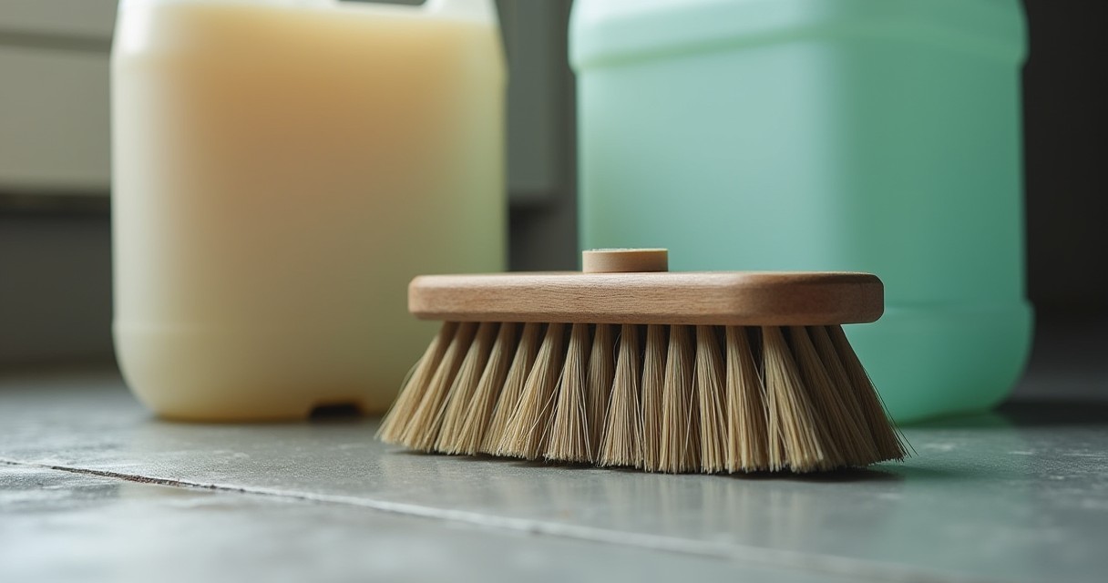 A wooden-handled brush sits on a surface in front of two large plastic containers.