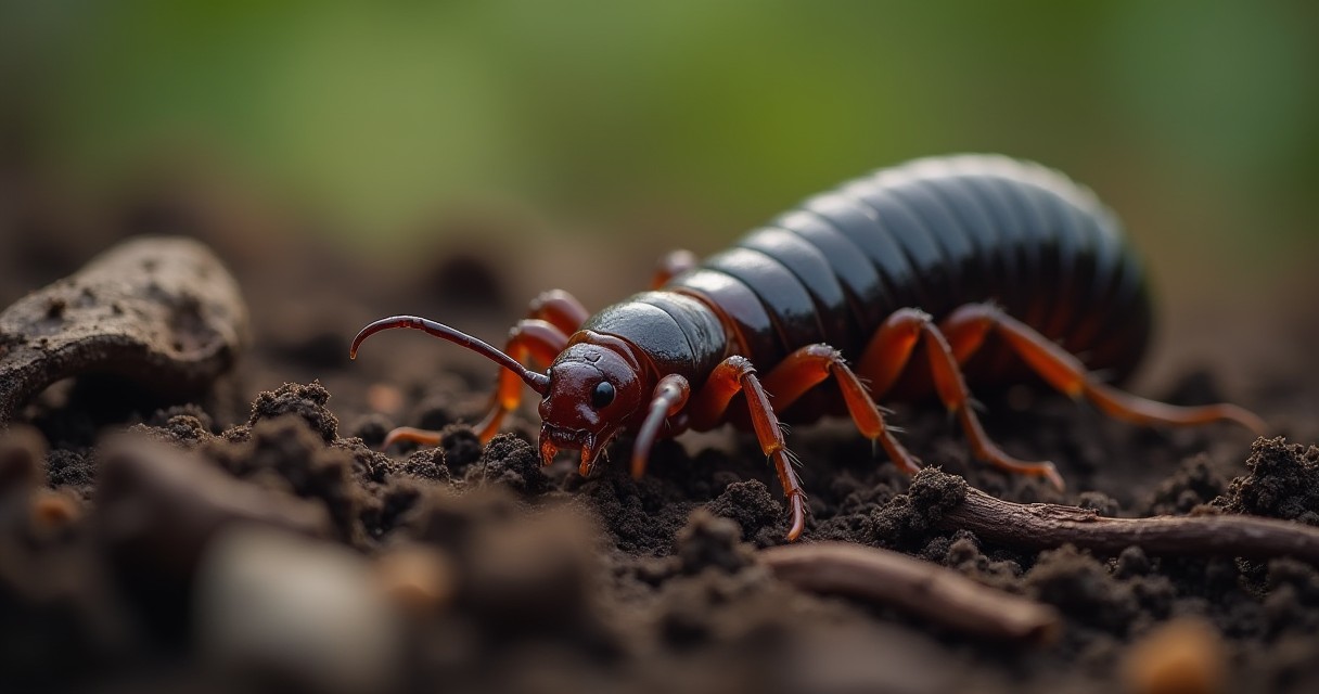 A sowbug crawls across soil and organic debris in a forest floor environment.
