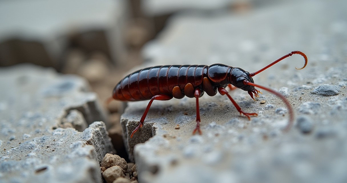 A centipede crawls across a cracked concrete surface.