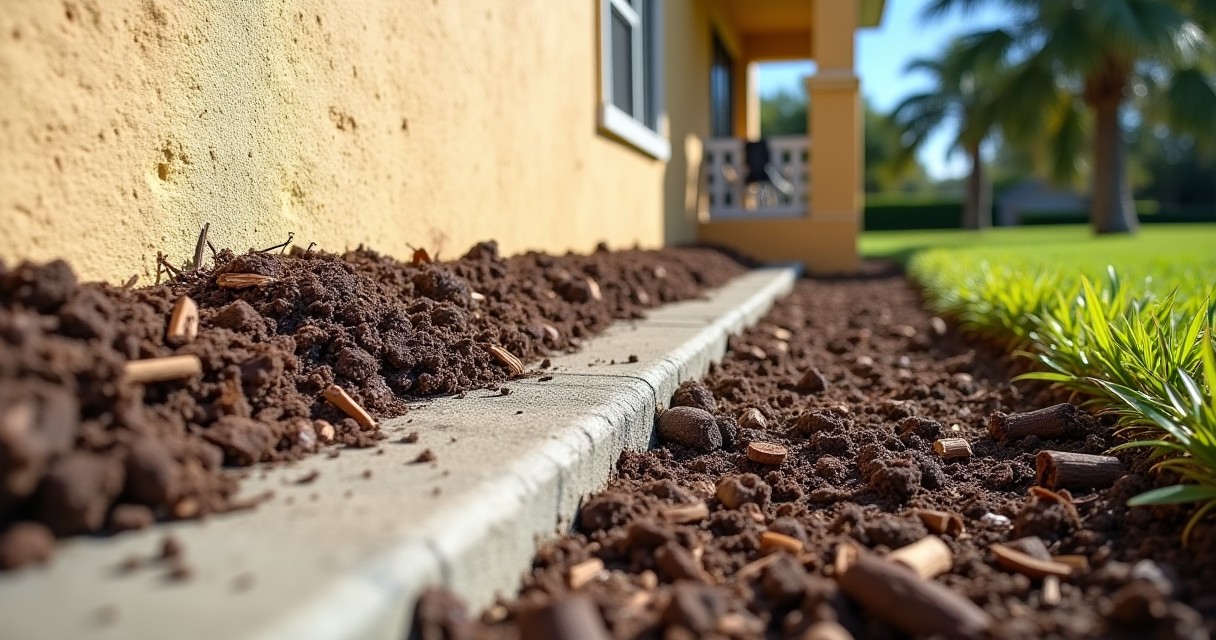 A close-up shows mulch and a concrete border along the base of a yellow building's exterior wall.