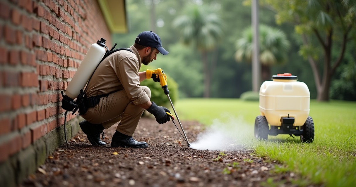A person wearing a backpack sprayer and gloves crouches on mulch next to a brick wall while using a wand to spray a liquid onto the ground near a large wheeled tank in a yard.