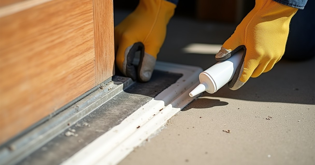 A person wearing yellow gloves applies white sealant to a door frame on a construction site.