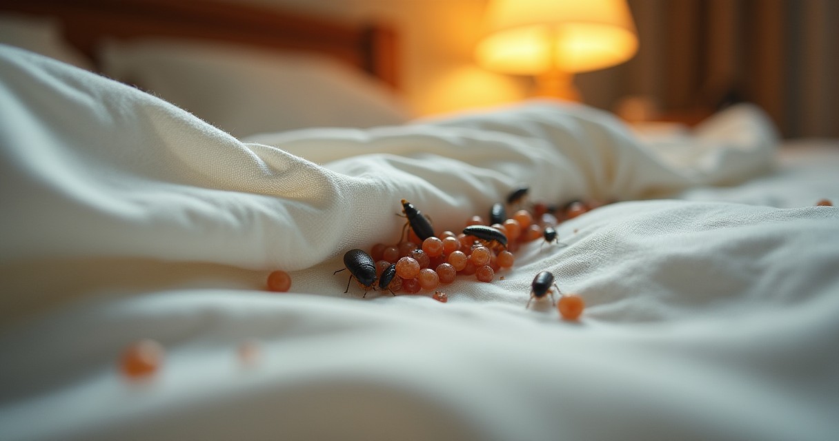 Bedbugs are crawling over a cluster of eggs on white bedding in a bedroom.