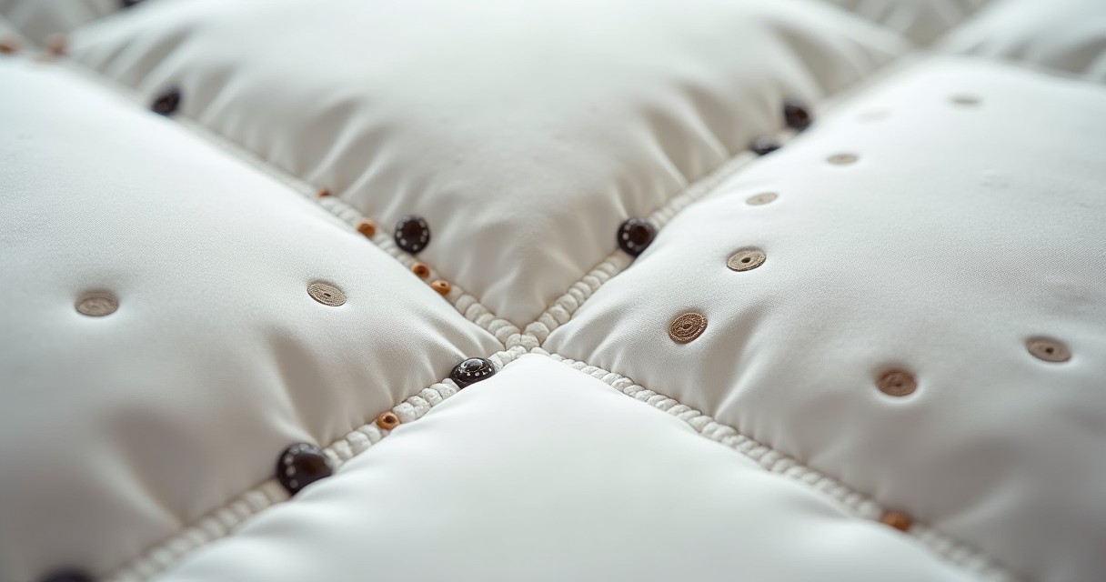 A close-up shot shows a quilted white fabric surface featuring small buttons and stitching.