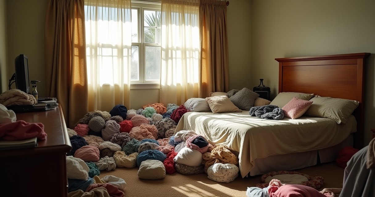 A bedroom contains a bed and a dresser covered in numerous balls of yarn.