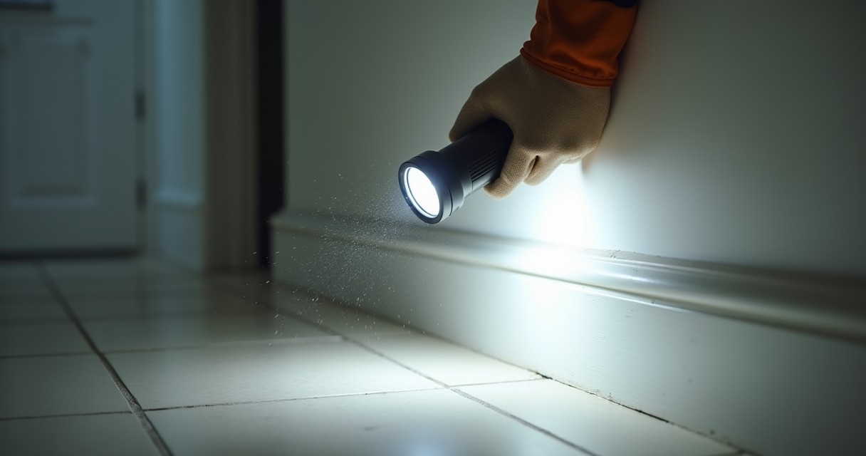 A person wearing a glove holds a flashlight to inspect dust and debris along a baseboard in a tiled room.