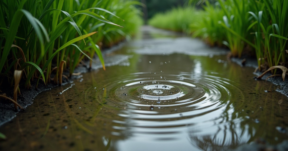 Water droplets fall into a puddle between rows of green plants, creating concentric ripples on the surface.