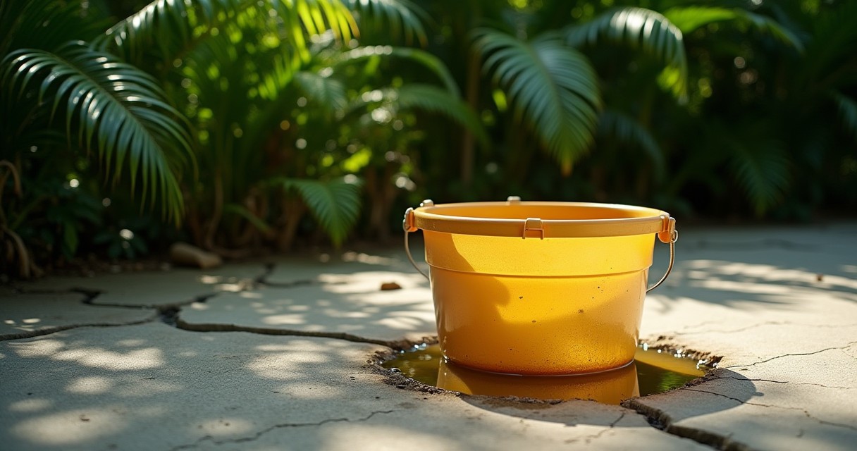 A yellow bucket sits in a puddle on a cracked concrete surface in front of tropical plants.