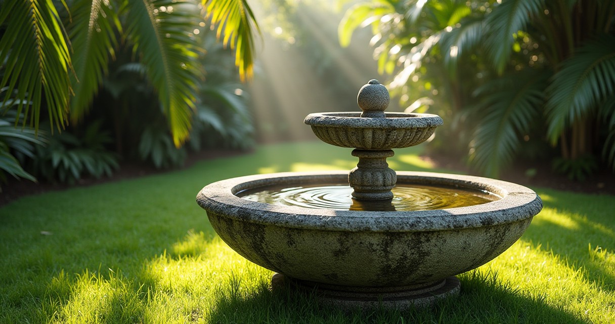 A stone fountain sits in a garden surrounded by palm trees.
