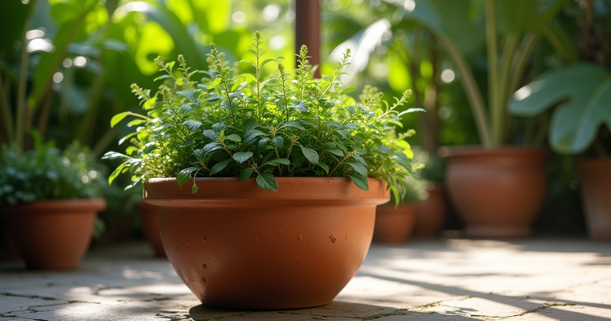 A potted plant sits on a stone surface in an outdoor garden area.