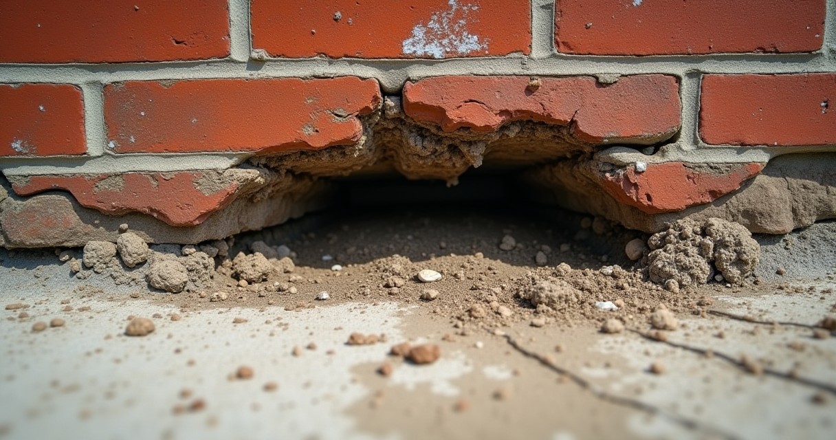 A close-up shows a damaged brick wall where a section of masonry has crumbled away to reveal an opening above a dirt ground.