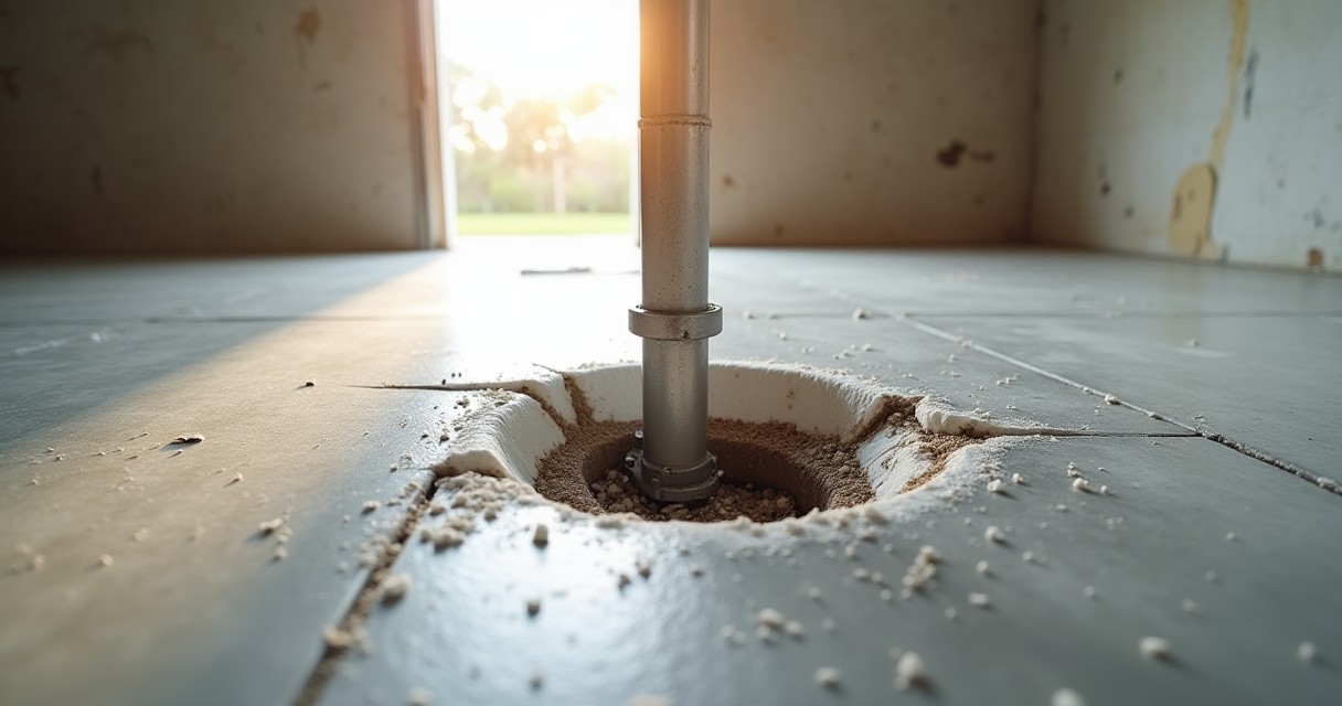 A metal pipe passes through a hole in a concrete floor inside a building.