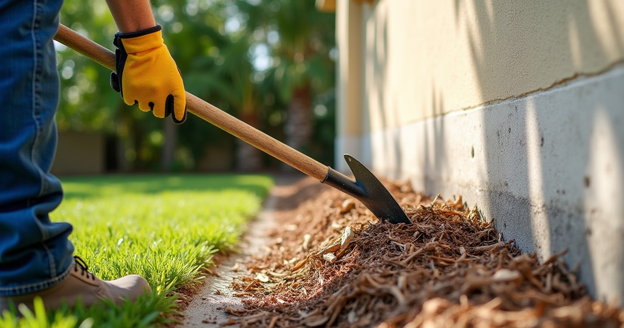 A person wearing gloves uses a shovel to move mulch along the base of a building wall next to a lawn.