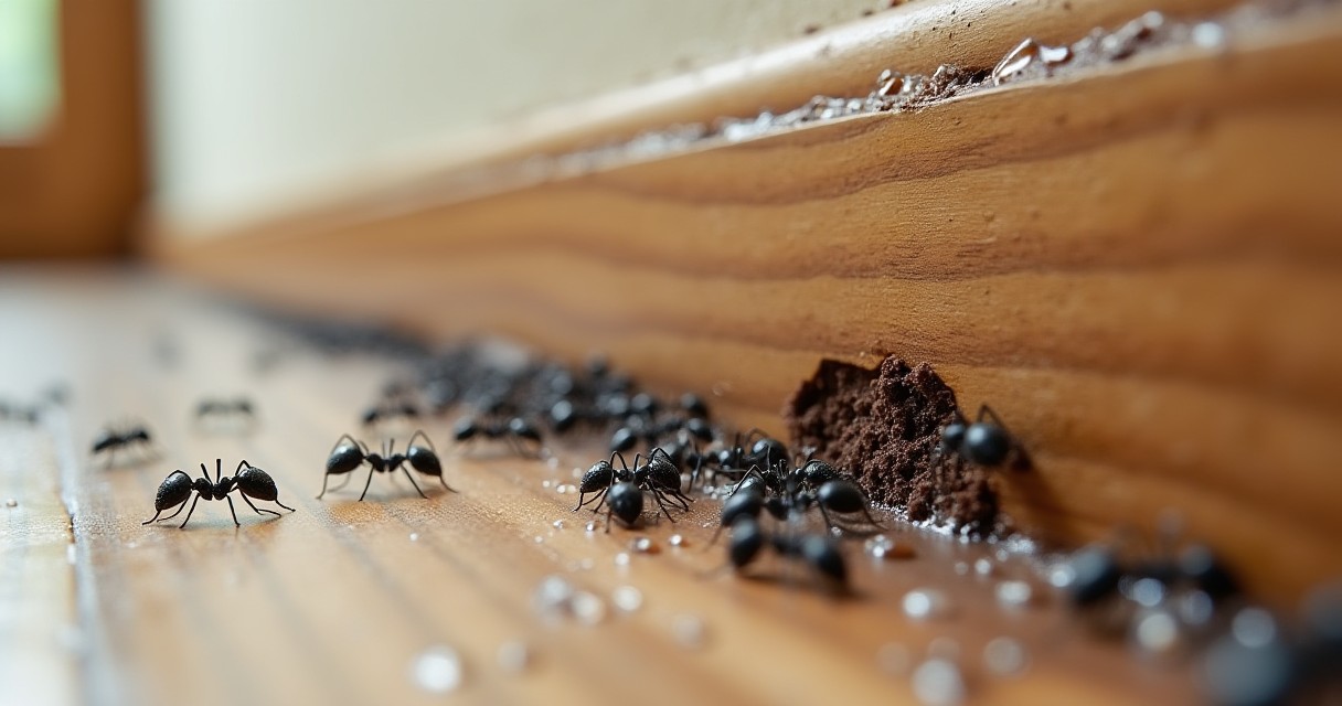 Several black ants are moving across a wooden surface near a pile of dirt.
