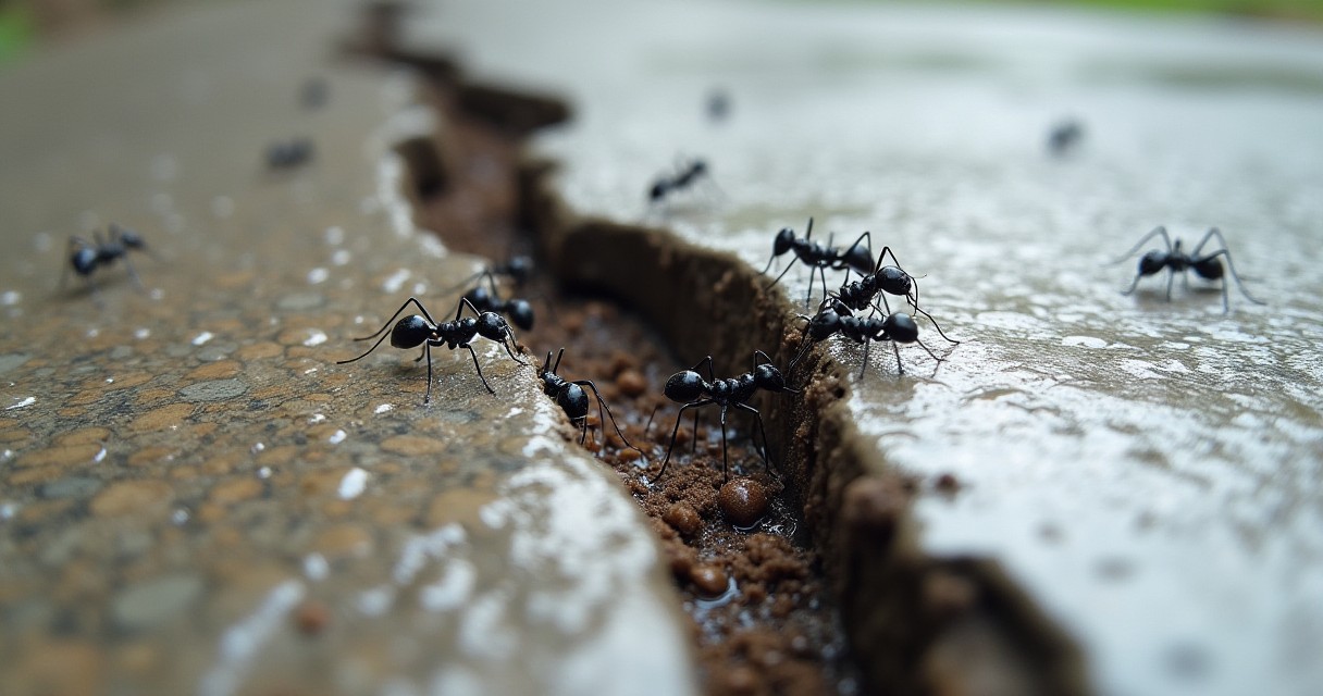 Several ants are moving across a wet surface and into a crack in the ground.