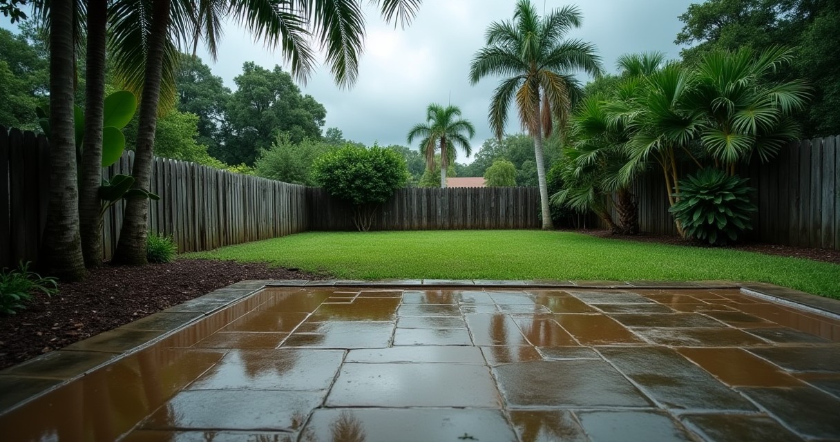 A wet stone patio sits in front of a lawn enclosed by a wooden fence and palm trees.