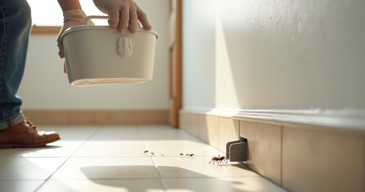 A person holds a bucket of white material while ants crawl near an outlet on a tiled floor.