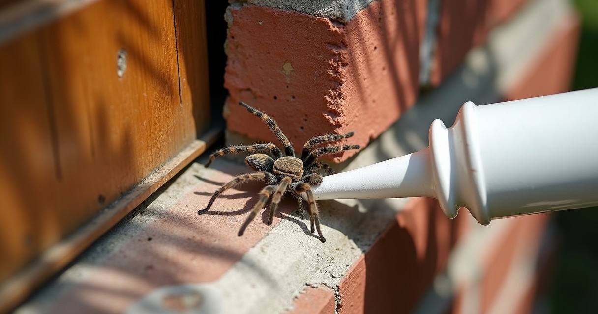 A tarantula sits on a brick ledge next to a wooden structure while facing a white plastic tube.