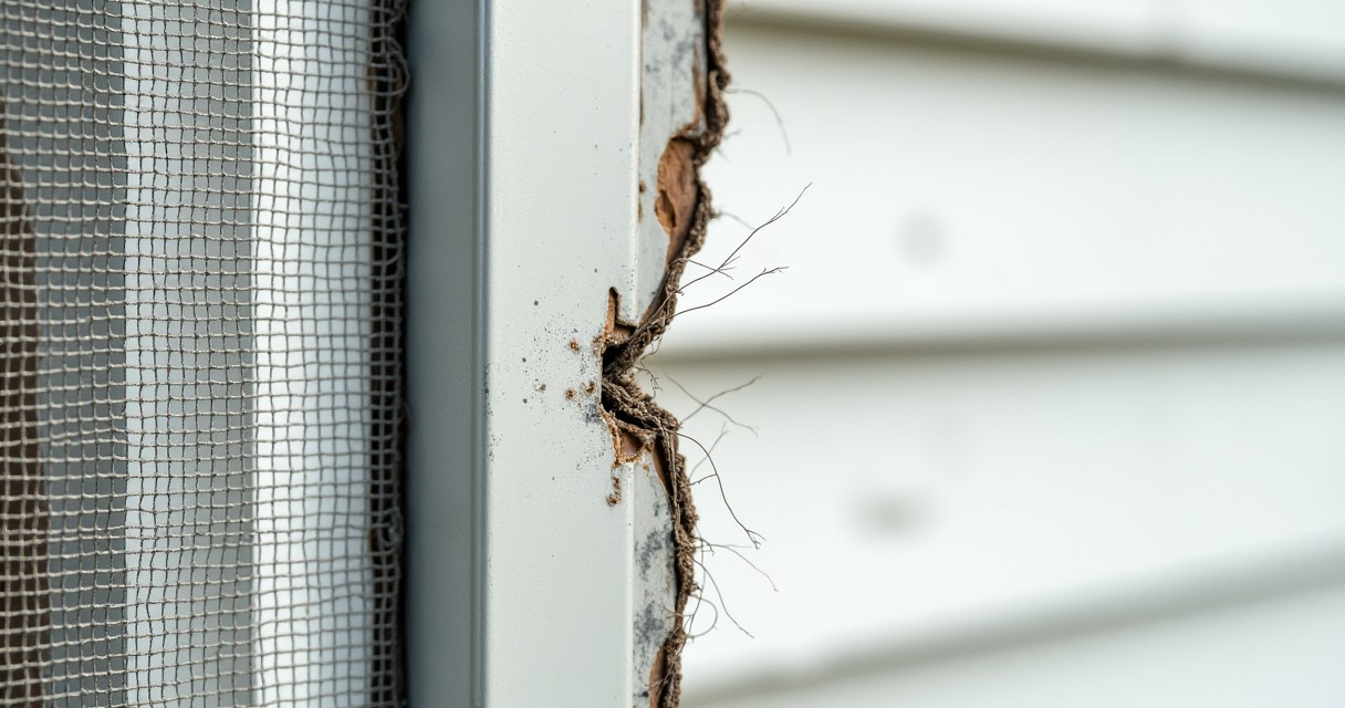 A spider web is built along the edge of a window frame against a siding wall.