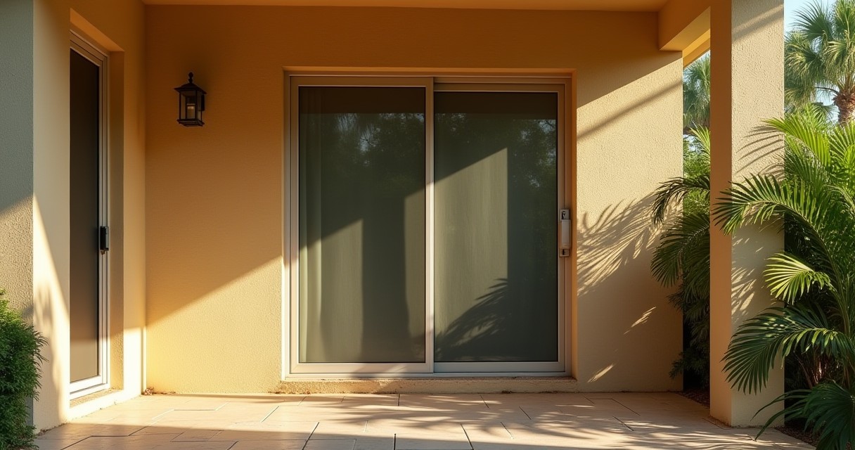 A sliding glass door and a side door are set into an exterior wall of a building next to tropical plants.