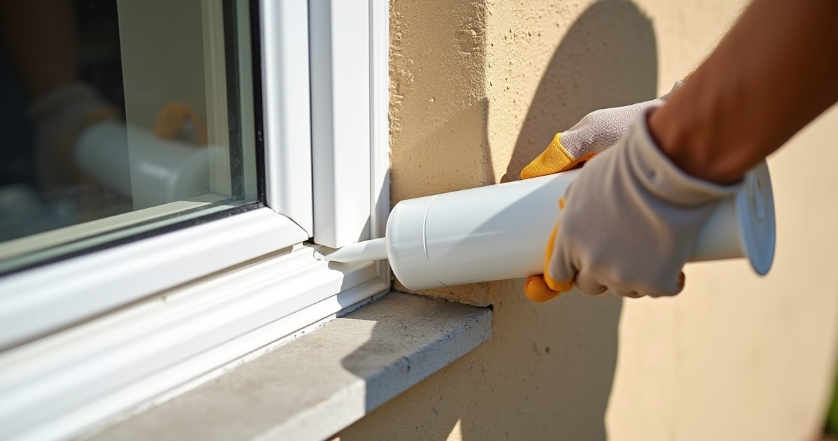 A person wearing gloves uses a caulking gun to apply sealant around the frame of a window.