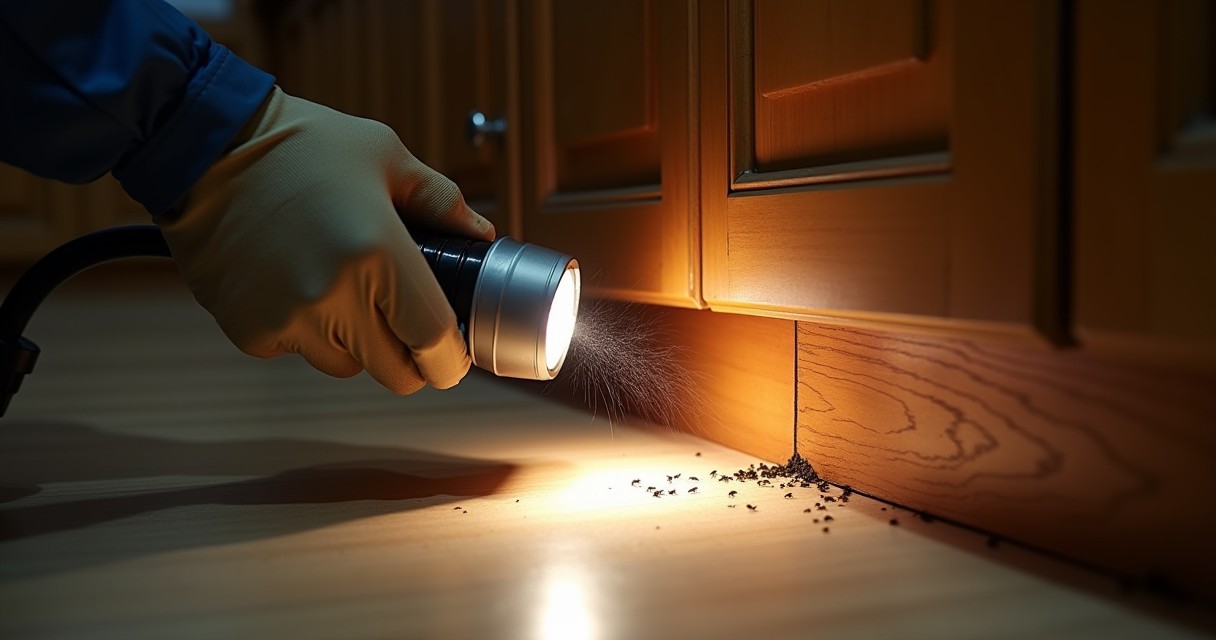 A person wearing a glove holds a flashlight to inspect debris under a kitchen cabinet.